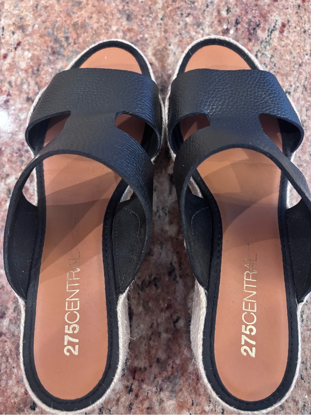 Black Leather Slide Sandals with Espadrille Trim